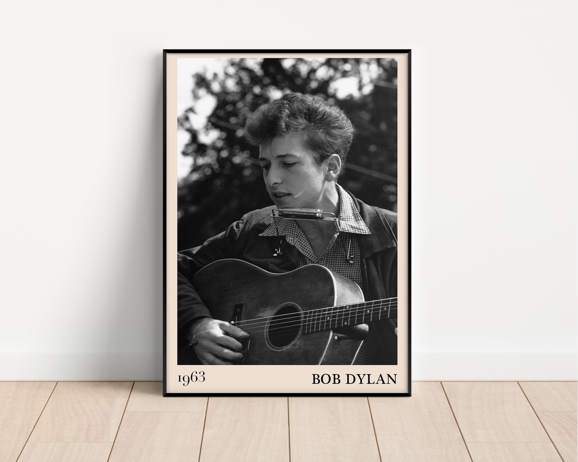1963 photograph of Bob Dylan playing blues guitar.Crafted into cool framed blues poster.