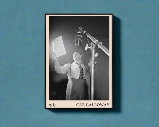 Vintage 1947 photo of Cab Calloway crafted into  black framed poster, hanging on a bright blue wall
