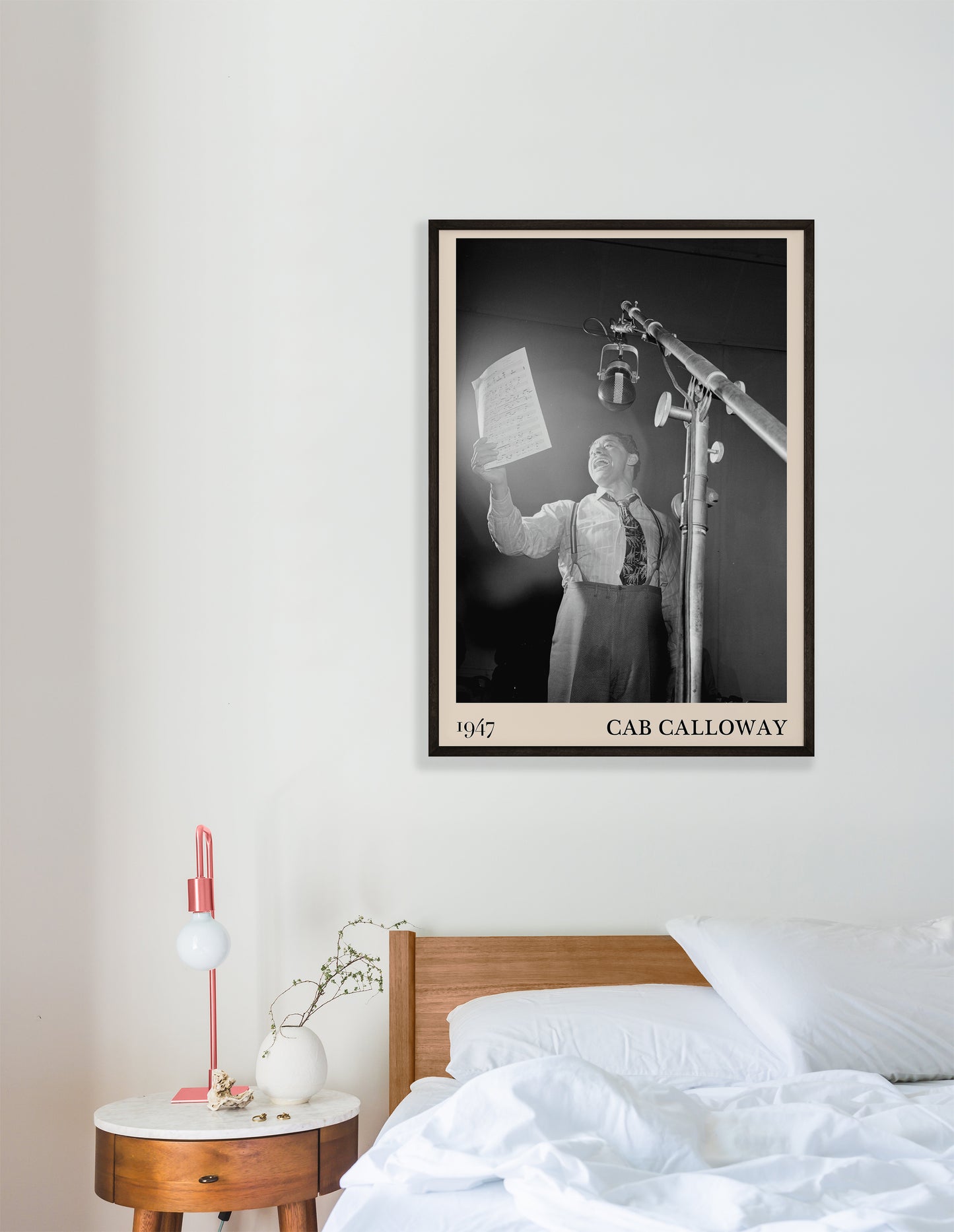 Cool 1947 photo of Cab Calloway crafted into black framed print, hanging on a bedroom wall