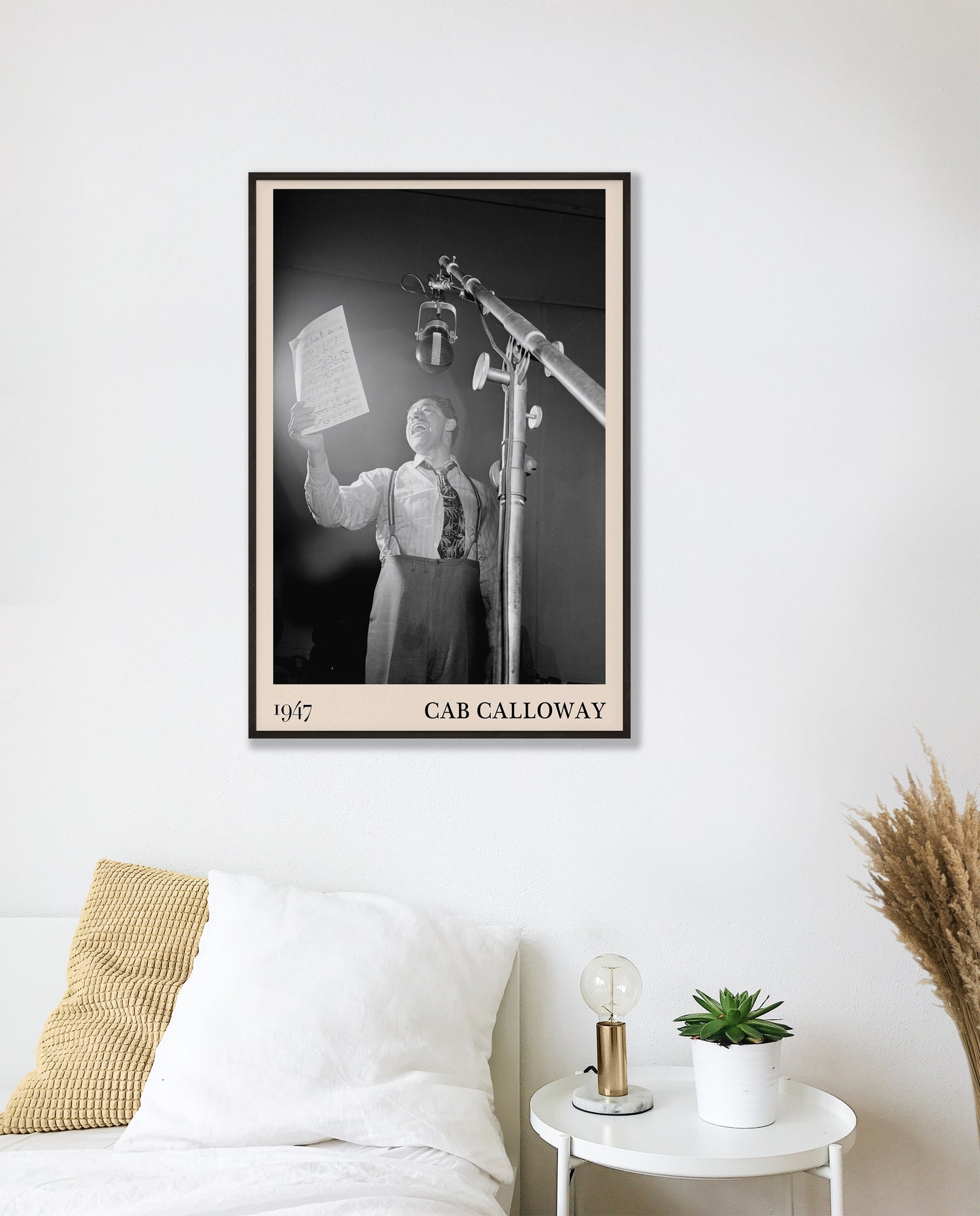 Retro 1947 photo of Cab Calloway crafted into black framed print, hanging on a bedroom wall