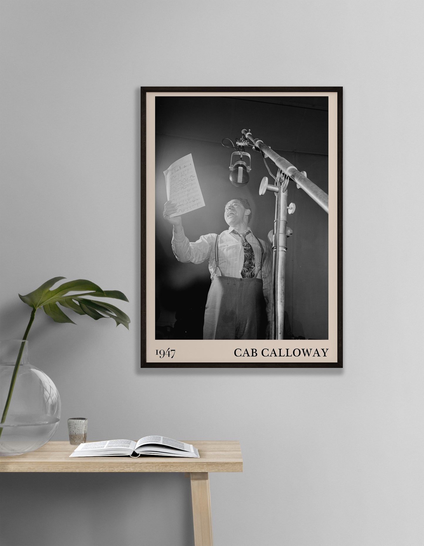 Cool 1947 photo of Cab Calloway crafted into black framed jazz poster, hanging on a living room wall