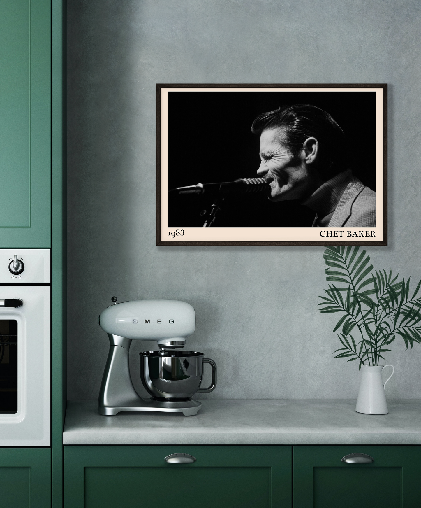 1983 photograph of Chet Baker singing, transformed into a stylish black-framed jazz poster hanging on a grey kitchen wall