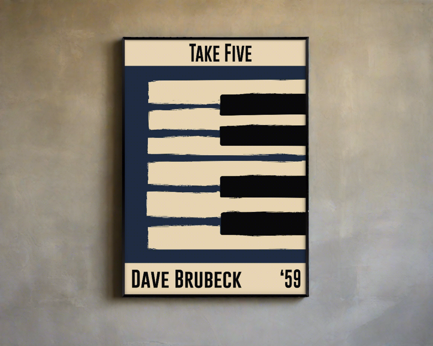 Blue and cream piano design celebrating Dave Brubeck's Take Five, released in 1959. Mocked up into black framed print on concrete wall