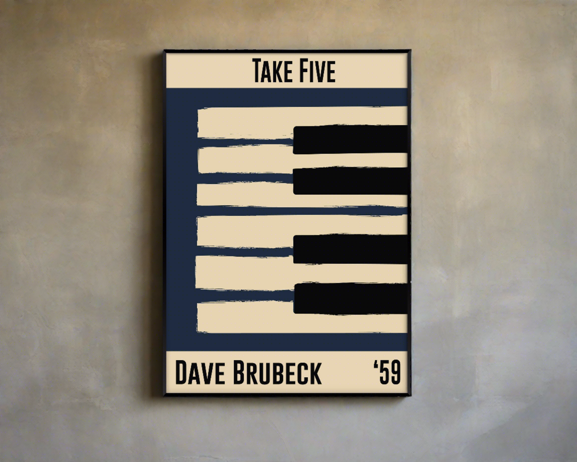 Blue and cream piano design celebrating Dave Brubeck's Take Five, released in 1959. Mocked up into black framed print on concrete wall