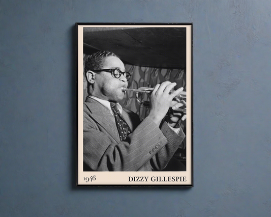 Vintage 1946 photo of Dizzy Gillespie crafted into black framed poster, hanging on a blue wall
