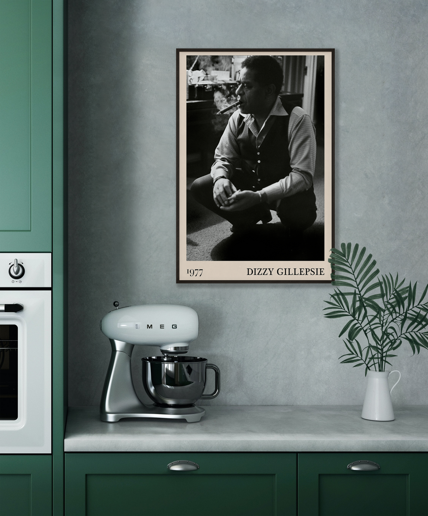 Vintage 1977 photo of Dizzy Gillespie crafted into black framed poster, hanging on a grey kitchen wall