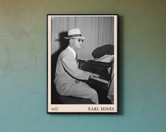 1947 photo of Earl Hines crafted into an elegant black-framed print. Hanging on a blue/green wall