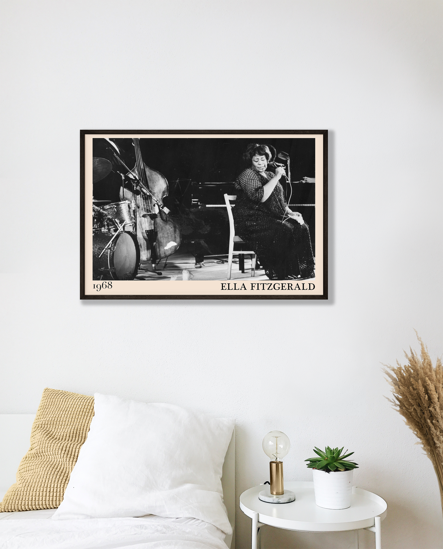 1968 photo of Ella Fitzgerald crafted into an elegant black-framed print. Hanging on a white bedroom wall