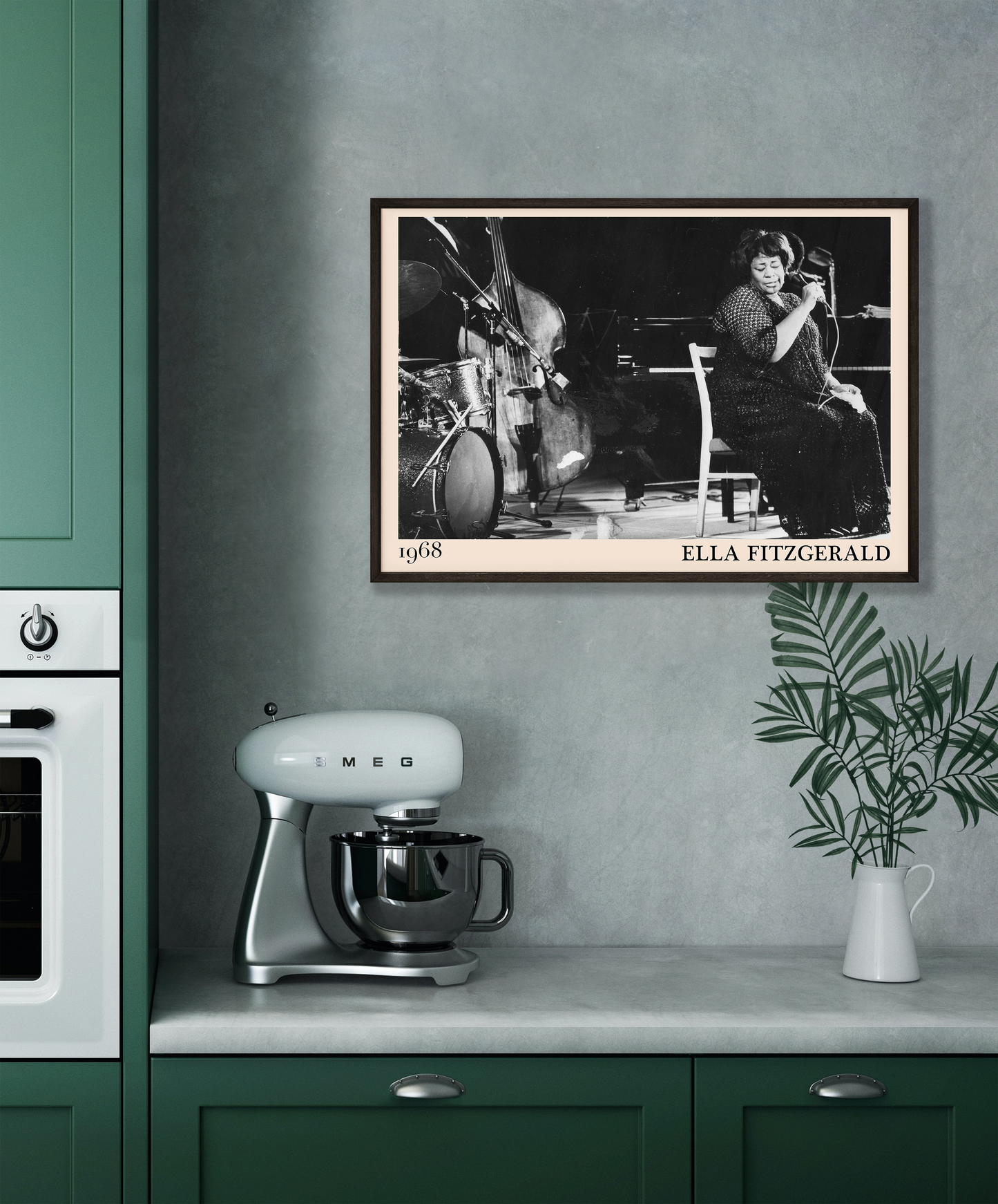 1968 photo of Ella Fitzgerald crafted into an elegant black-framed print. Hanging on a grey kitchen wall