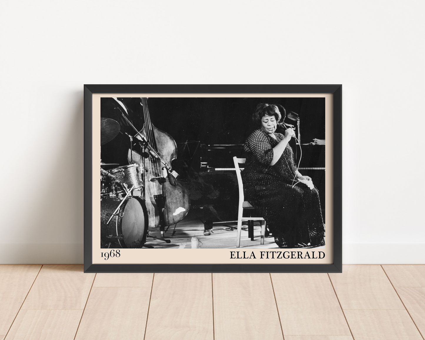 1968 photo of Ella Fitzgerald crafted into an elegant black-framed print. Leaning against a white wall