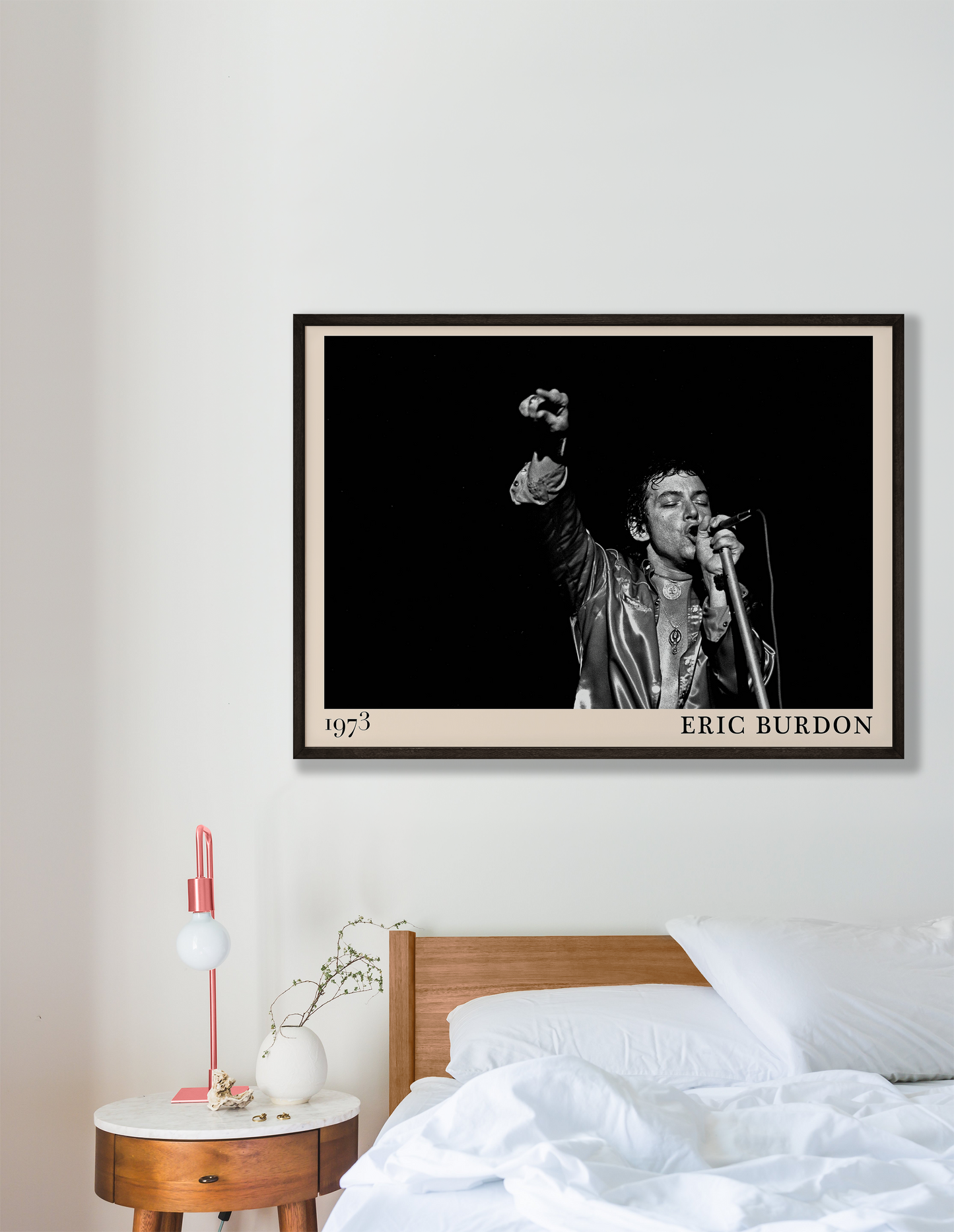 Iconic image of rock musician Eric Burdon performing, captured by Heinrich Klaffs in 1973 and transformed into vintage-inspired wall decor hanging on a white bedroom wall