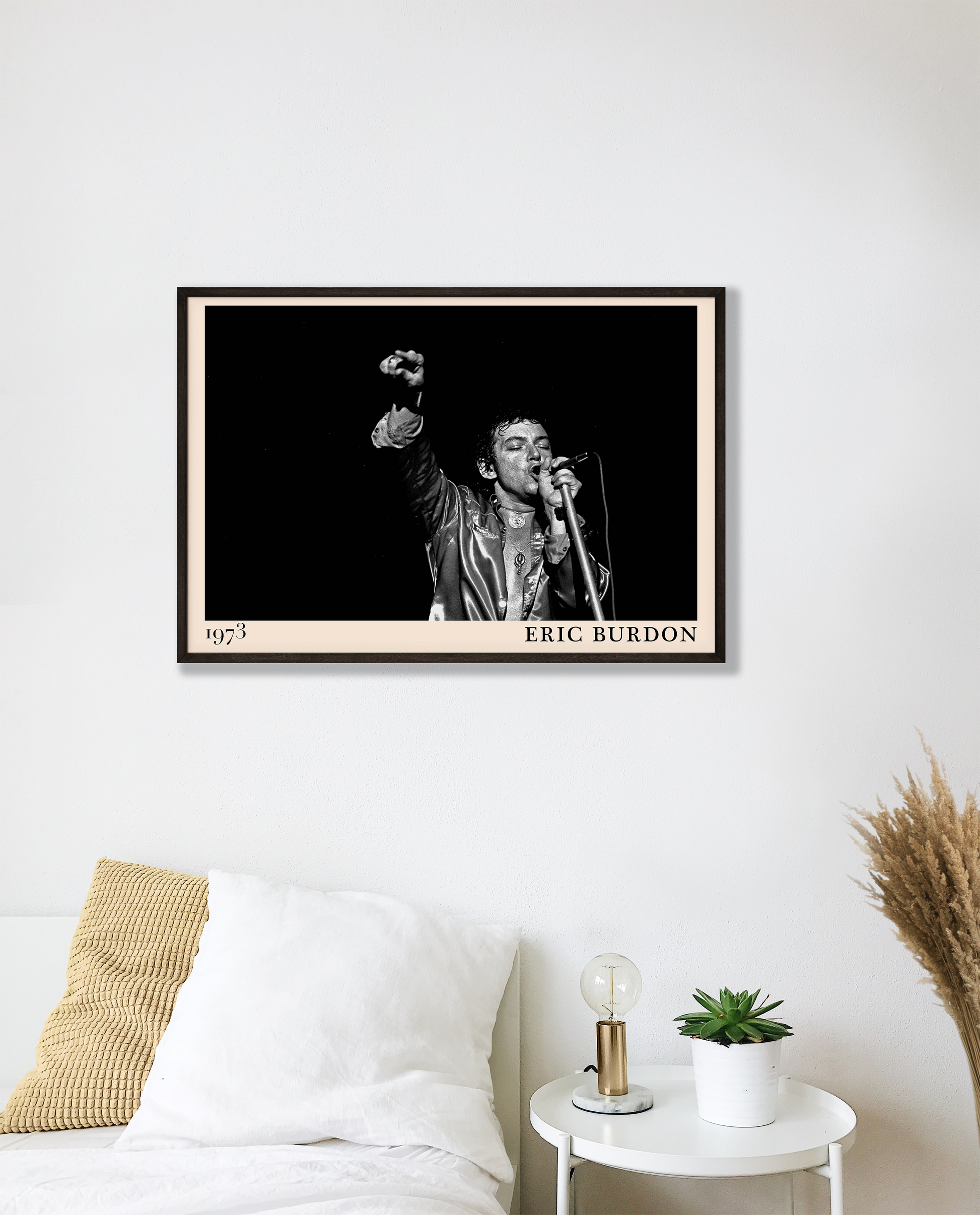 Iconic image of rock musician Eric Burdon performing, captured by Heinrich Klaffs in 1973 and transformed into vintage-inspired wall decor hanging on a white living room wall