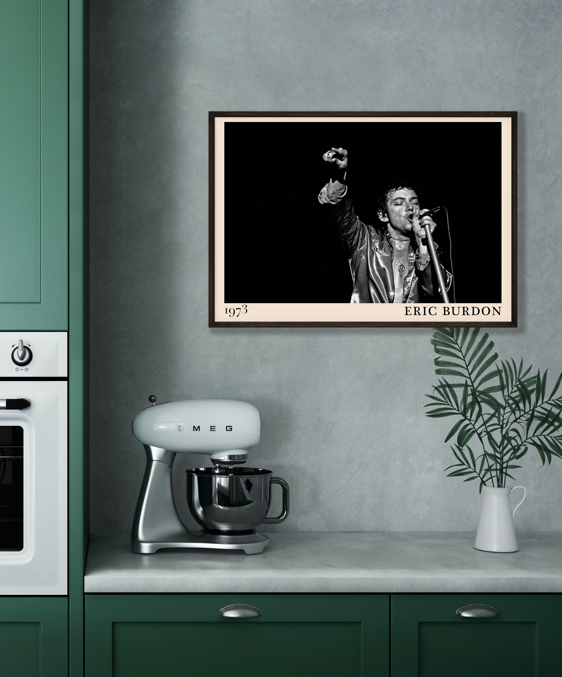 Iconic image of rock musician Eric Burdon performing, captured by Heinrich Klaffs in 1973 and transformed into vintage-inspired wall decor hanging on a grey kitchen wall