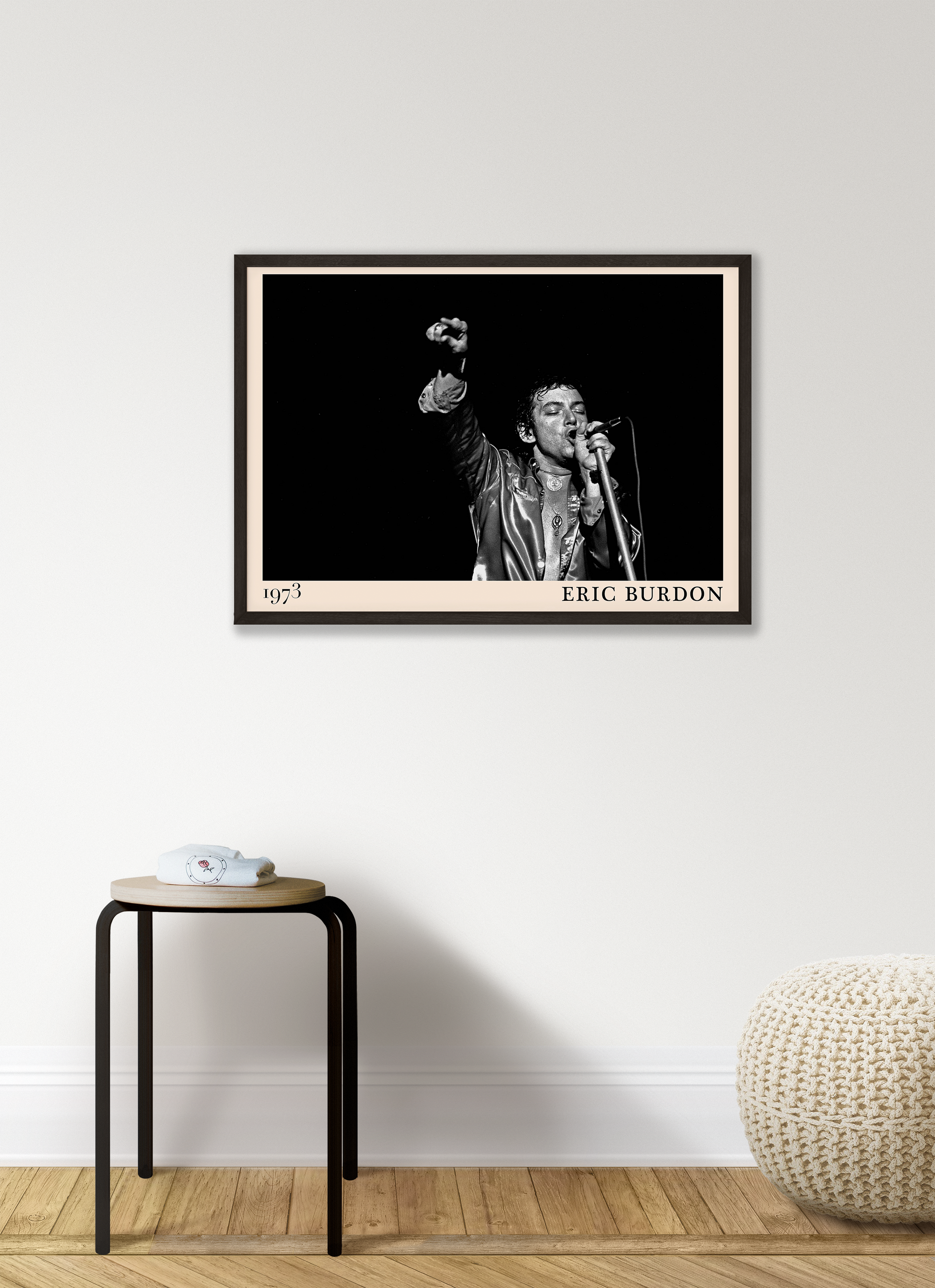 Iconic image of rock musician Eric Burdon performing, captured by Heinrich Klaffs in 1973 and transformed into vintage-inspired wall decor hanging on a white bedroom wall