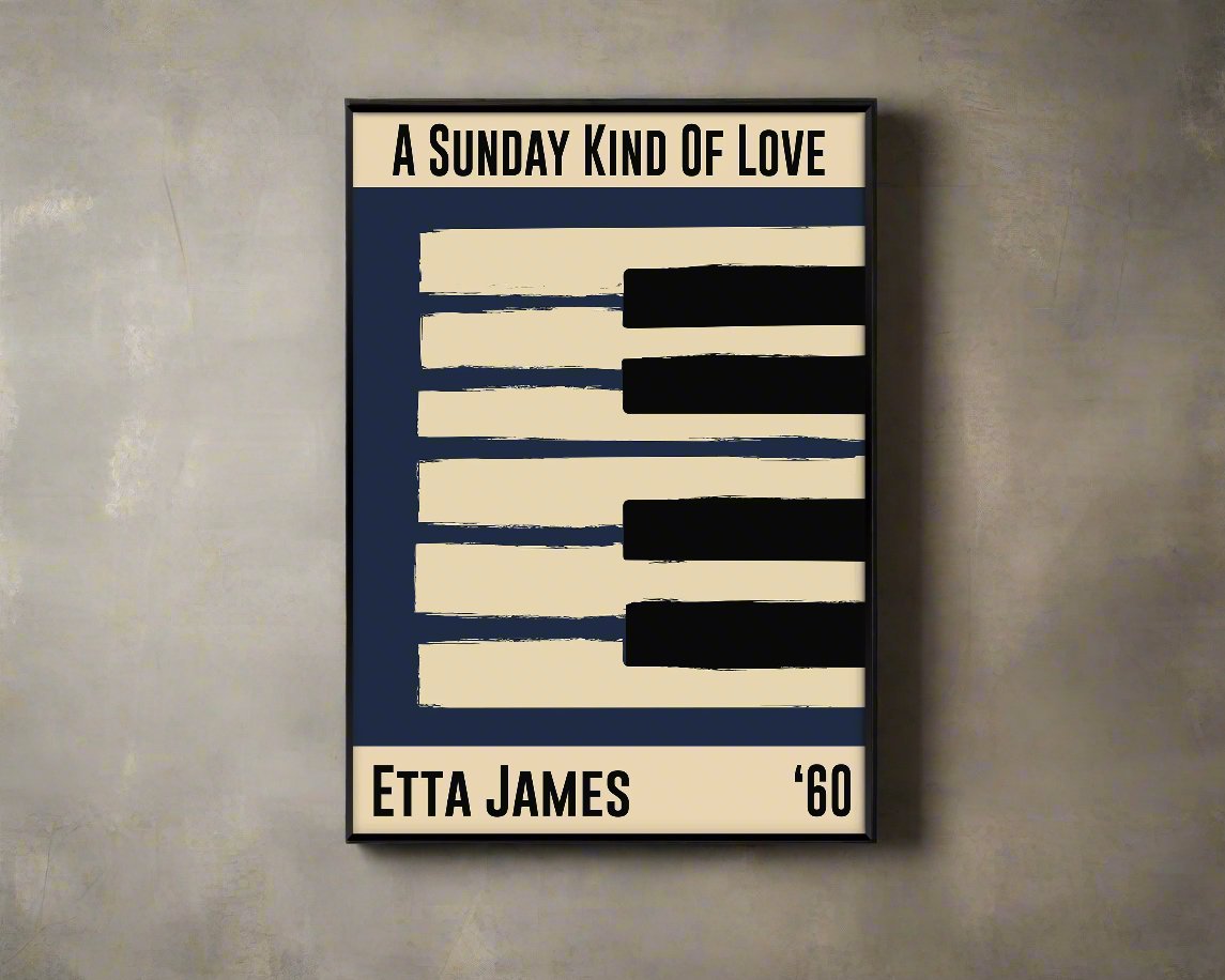 Framed jazz poster featuring a piano design and Etta James' 1960 song 'Sunday Kind of Love'. Vintage music decor, classic jazz art, perfect for jazz enthusiasts and Etta James fans.
