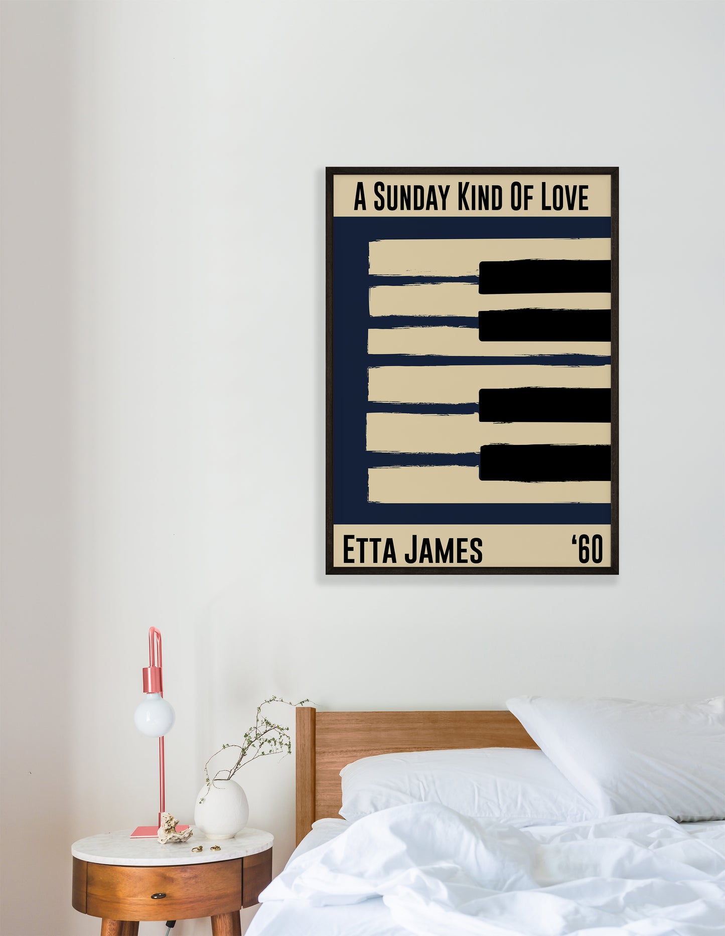 Framed jazz poster featuring a piano design and Etta James' 1960 song 'Sunday Kind of Love'. Vintage music decor, classic jazz art, perfect for jazz enthusiasts and Etta James fans.