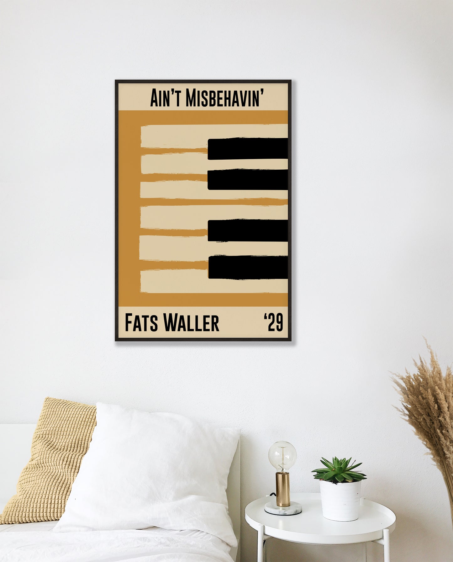 Yellow and cream piano design celebrating Fats Waller's Ain't Misbehavin', released in 1929. Mocked up into black framed print hanging on a white bedroom wall