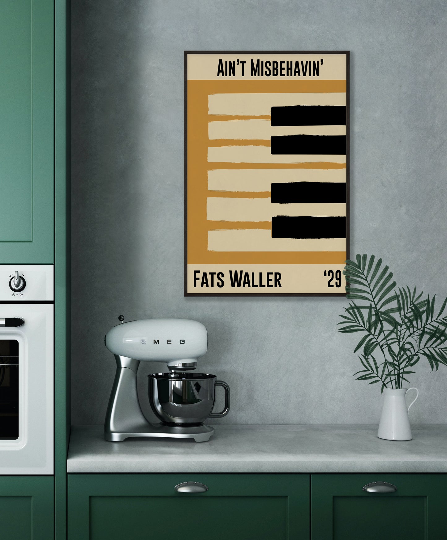 Yellow and cream piano design celebrating Fats Waller's Ain't Misbehavin', released in 1929. Mocked up into black framed print hanging on a grey kitchen wall