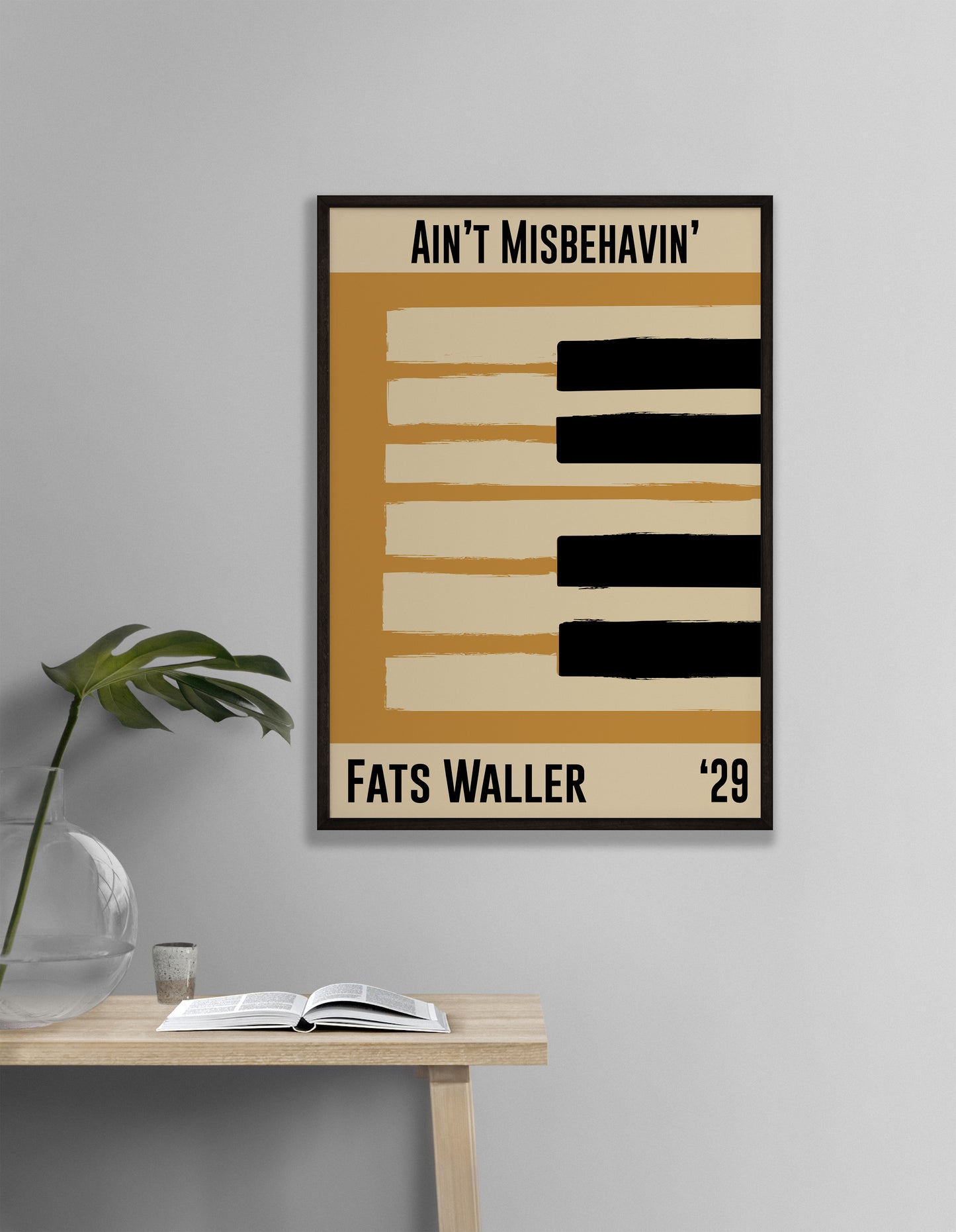 Yellow and cream piano design celebrating Fats Waller's Ain't Misbehavin', released in 1929. Mocked up into black framed print hanging on a white living room wall