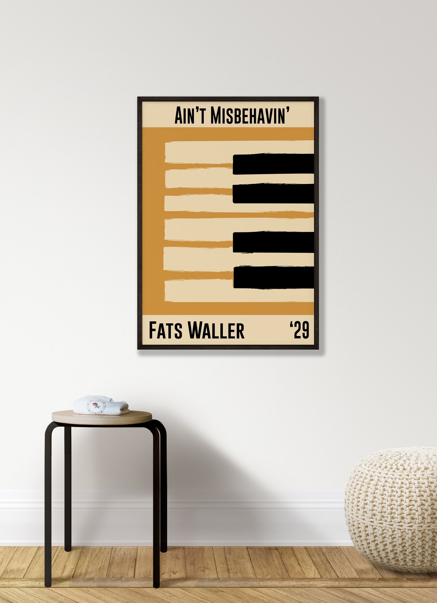 Yellow and cream piano design celebrating Fats Waller's Ain't Misbehavin', released in 1929. Mocked up into black framed print hanging on a white living room wall