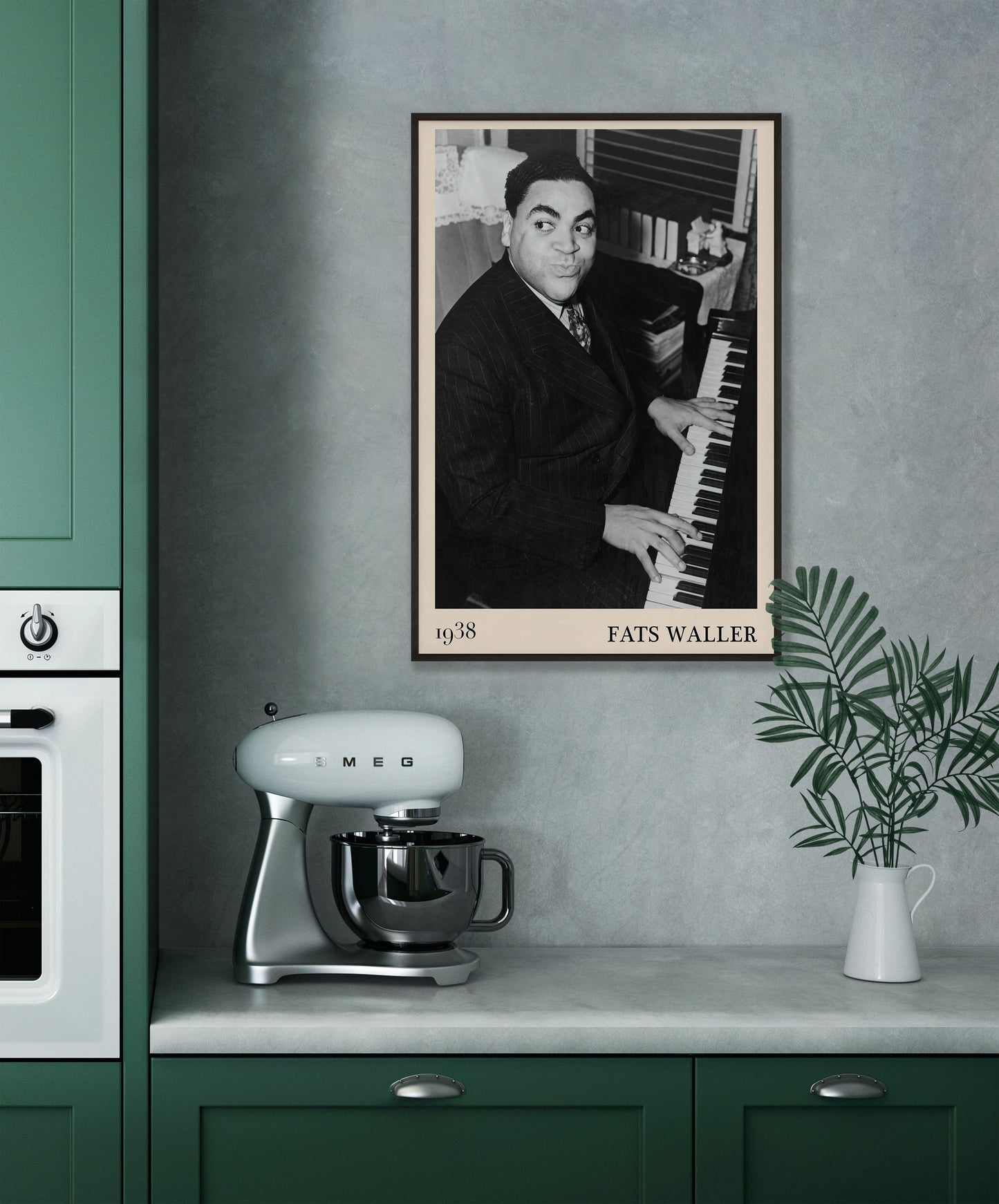 1938 photograph of Fats Waller crafted into a retro black framed jazz poster. The poster is hanging on a grey kitchen wall.