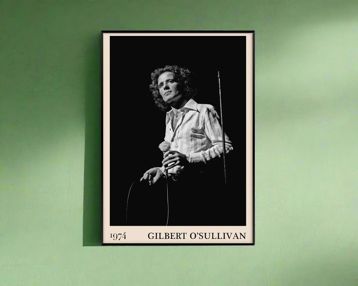 Classic photograph of Gilbert O'Sullivan performing, transformed into vintage wall decor by Dalston-based designers