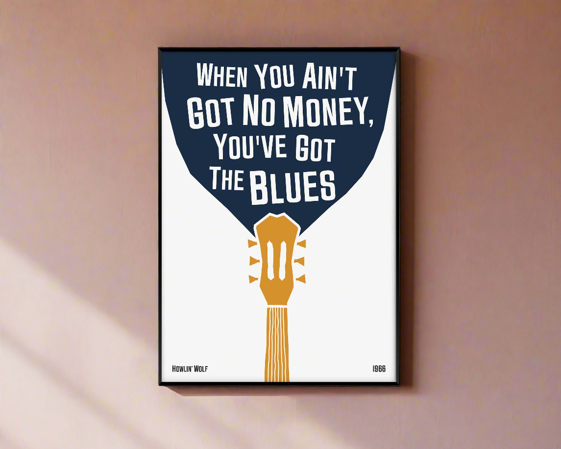 Cool blues music poster with guitar design, featuring a Howlin' Wolf quote. Retro black frame print, leaning against a white wall, perfect home decor.