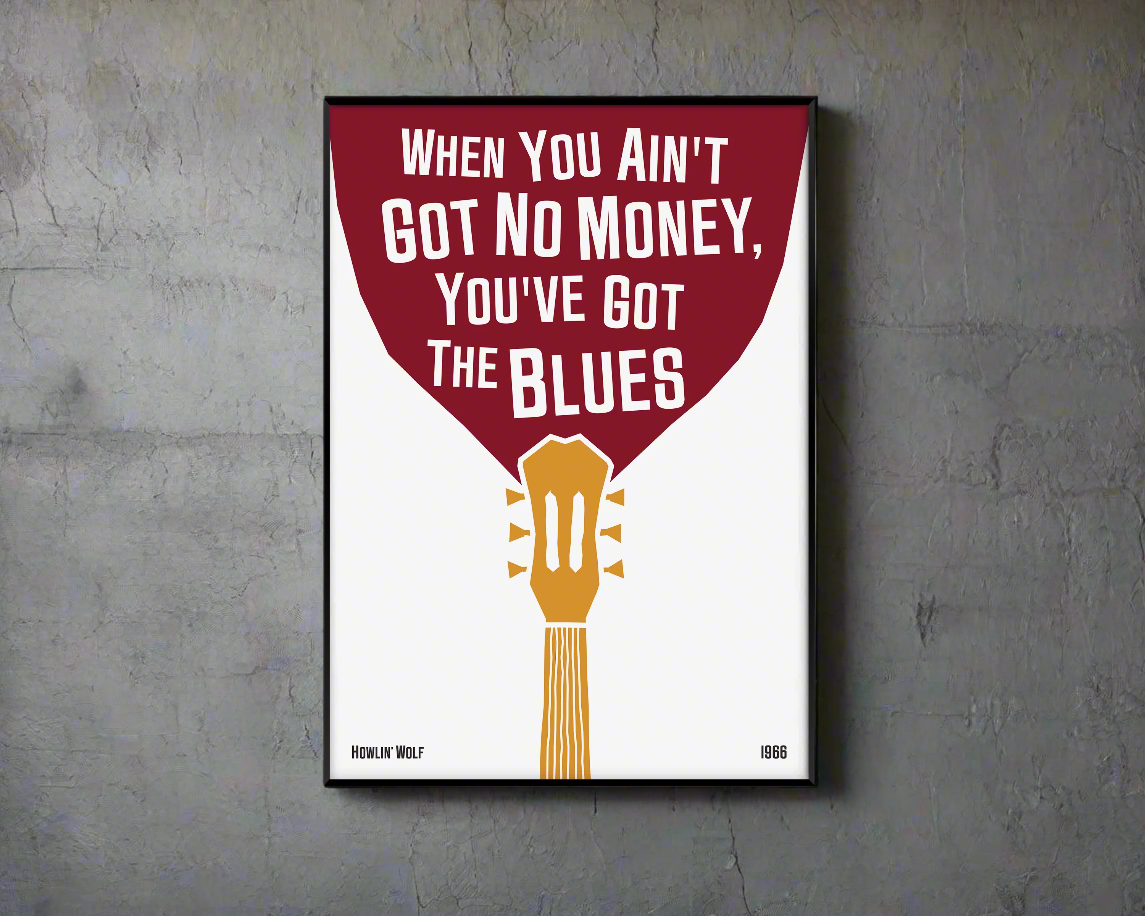 Cool blues music poster with guitar design, featuring a Howlin' Wolf quote. Retro black frame print, leaning against a white wall, perfect home decor.