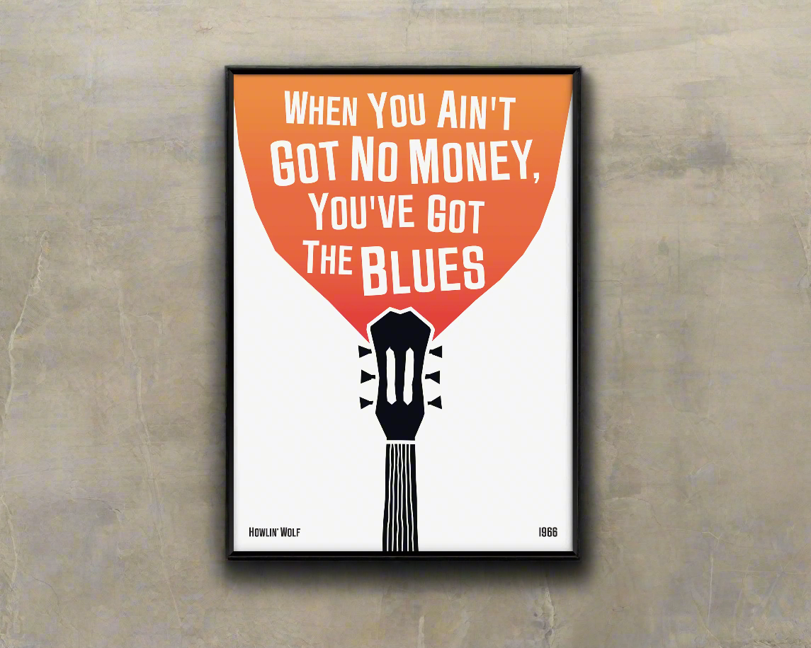 Cool blues music poster with guitar design, featuring a Howlin' Wolf quote. Retro black frame print, leaning against a white wall, perfect home decor.
