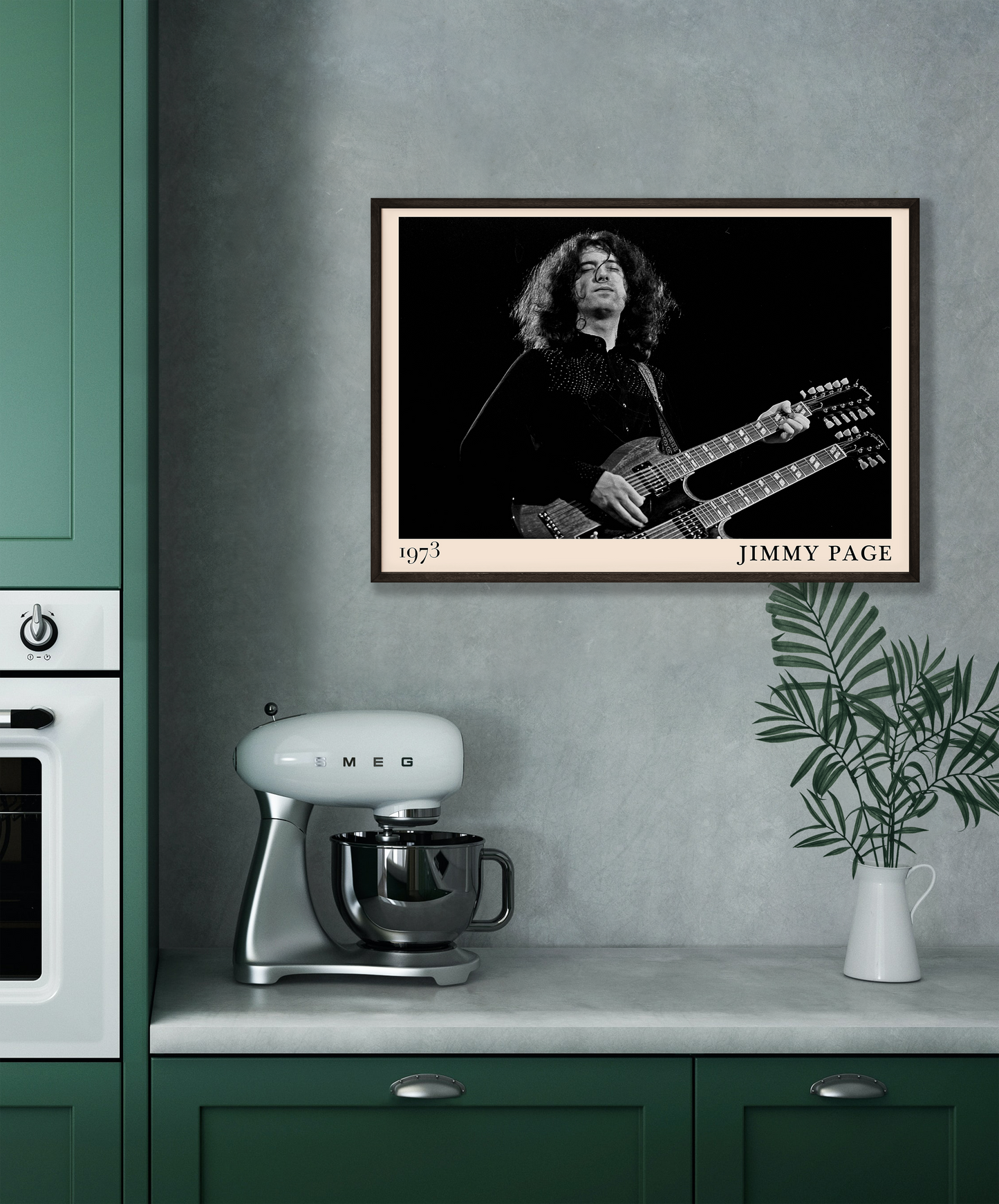 Iconic image of rock guitarist Jimmy Page performing, captured by Heinrich Klaffs and transformed into vintage-inspired wall decor hanging on a grey kitchen wall