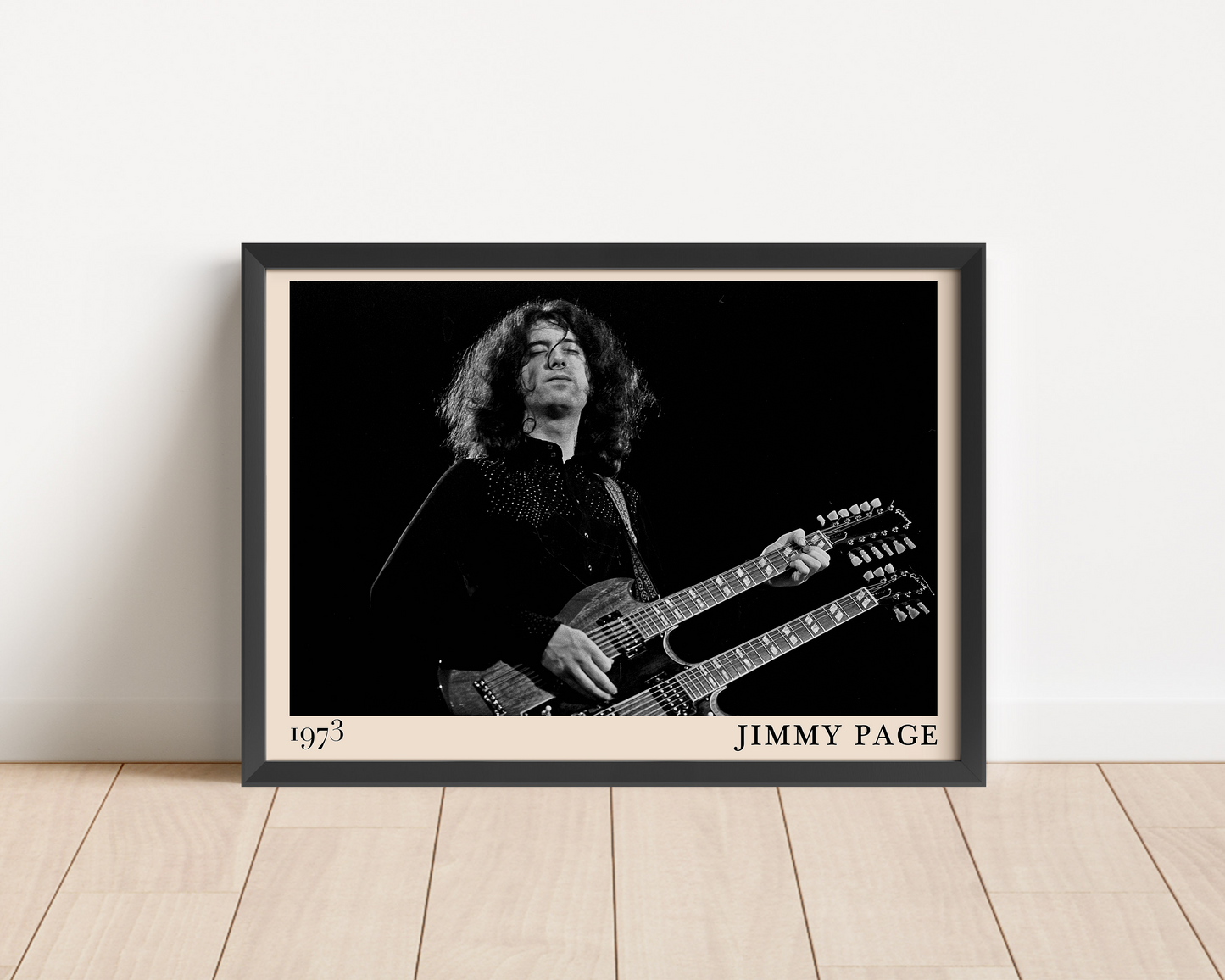 Iconic image of rock guitarist Jimmy Page performing, captured by Heinrich Klaffs and transformed into vintage-inspired wall decor
