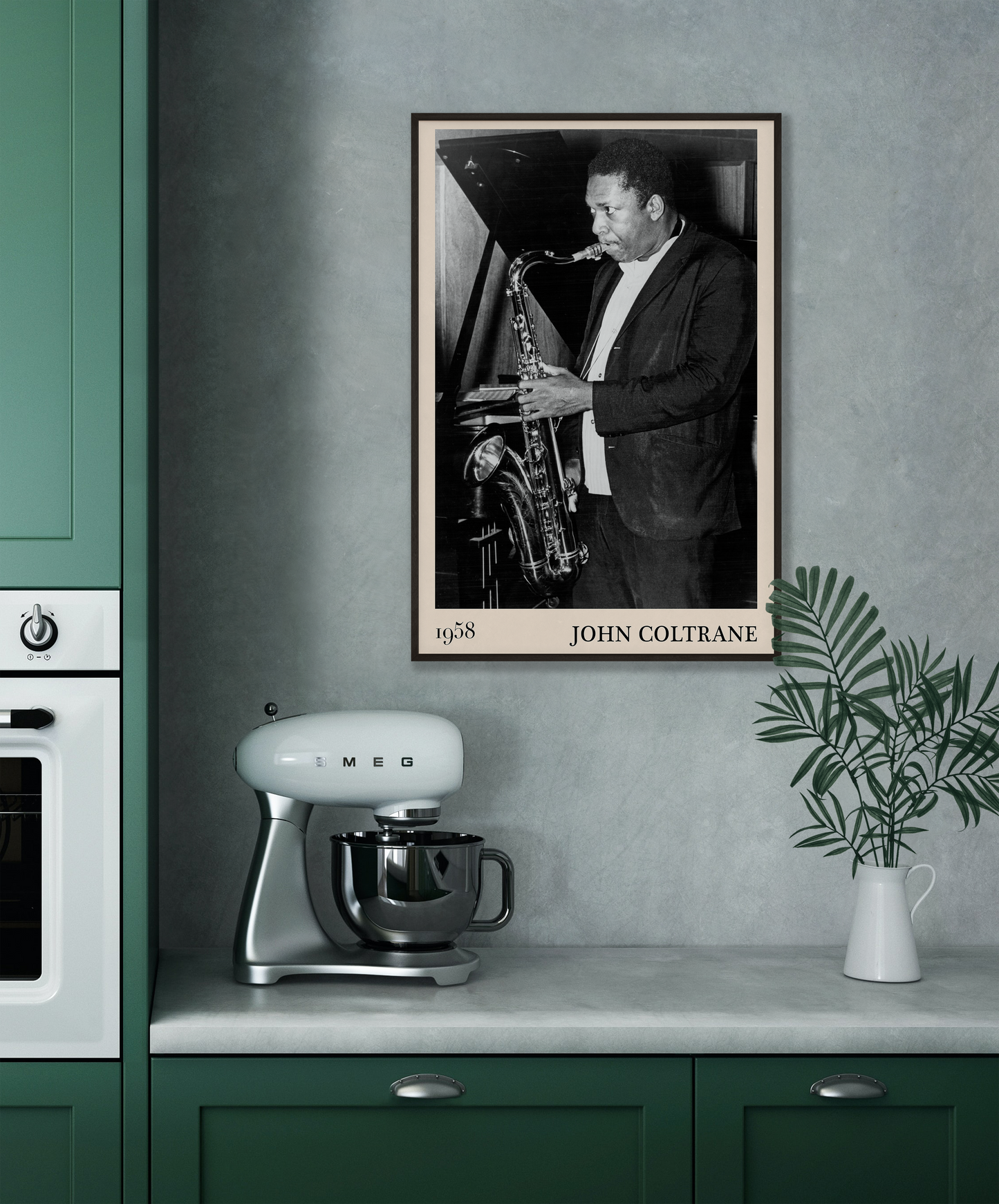 Iconic image of John Coltrane performing transformed into vintage-inspired wall decor hanging on a grey kitchen wall