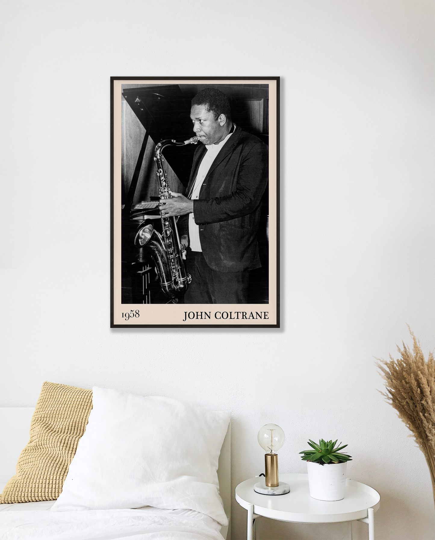 Iconic image of John Coltrane performing transformed into vintage-inspired wall decor hanging on a white bedroom wall