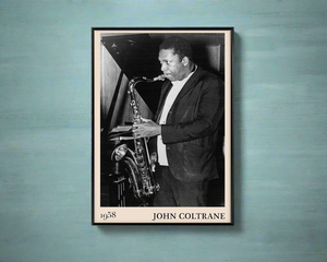 Iconic image of John Coltrane performing transformed into vintage-inspired wall decor hanging on a light blue wall