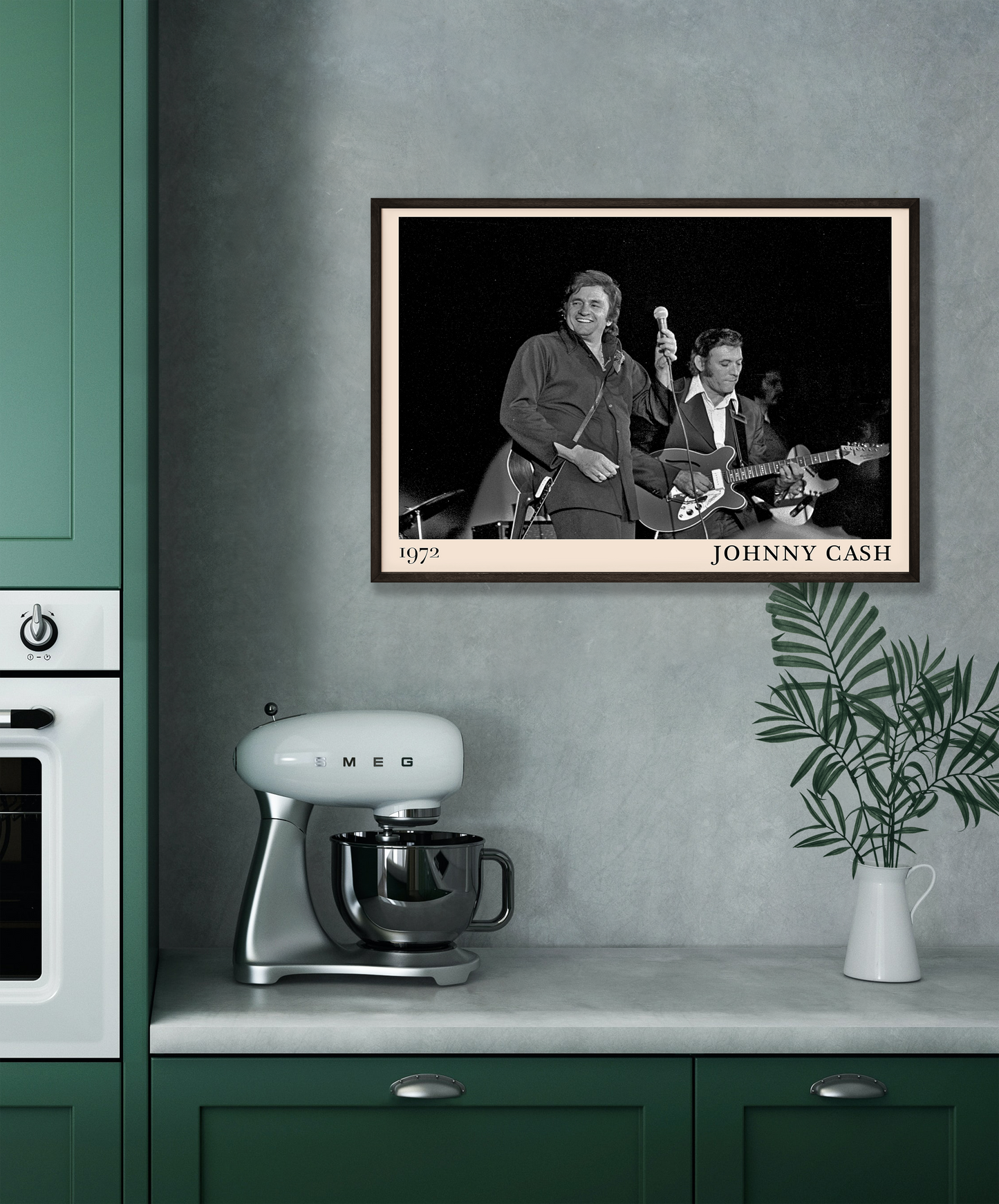 Iconic image of Jonny Cash performing, captured by Heinrich Klaffs in 1972 and transformed into vintage-inspired wall decor hanging on a grey kitchen wall