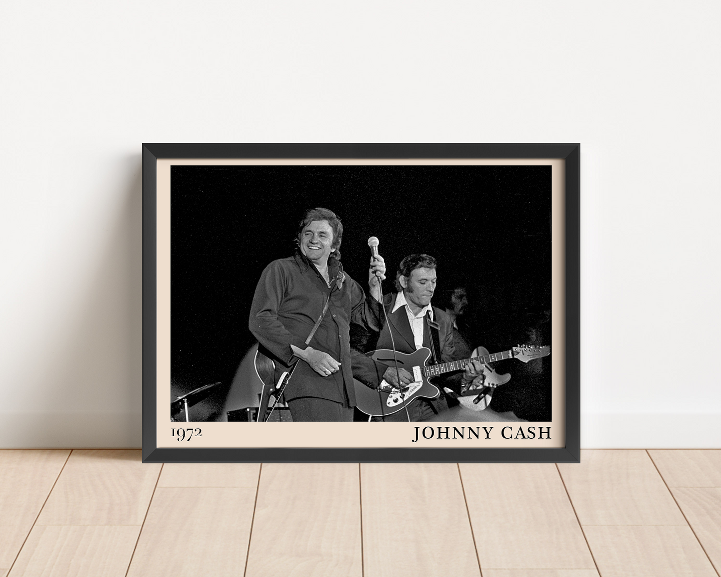 Iconic image of Johnny Cash performing, captured by Heinrich Klaffs and transformed into vintage-inspired wall decor