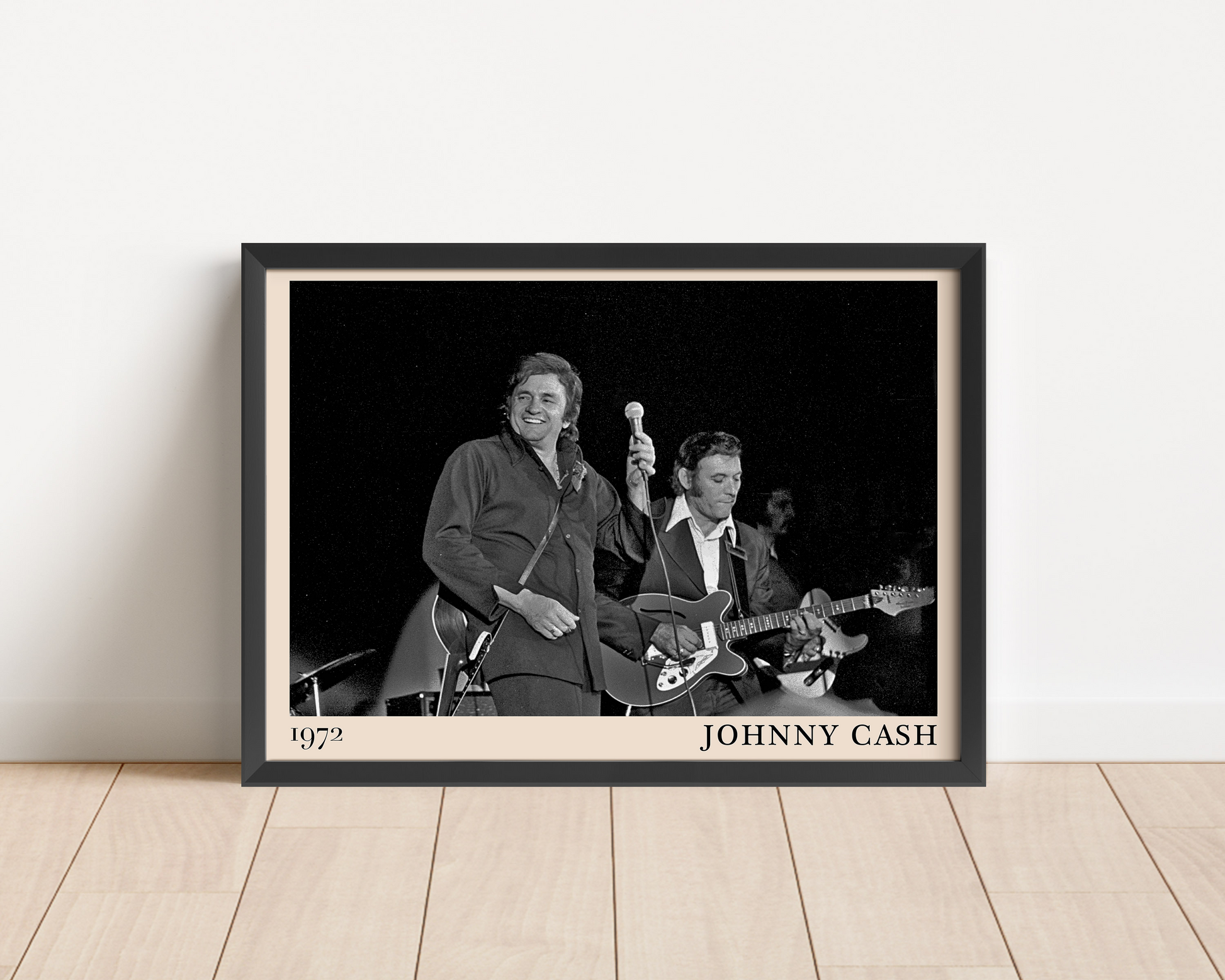 Iconic image of Johnny Cash performing, captured by Heinrich Klaffs and transformed into vintage-inspired wall decor