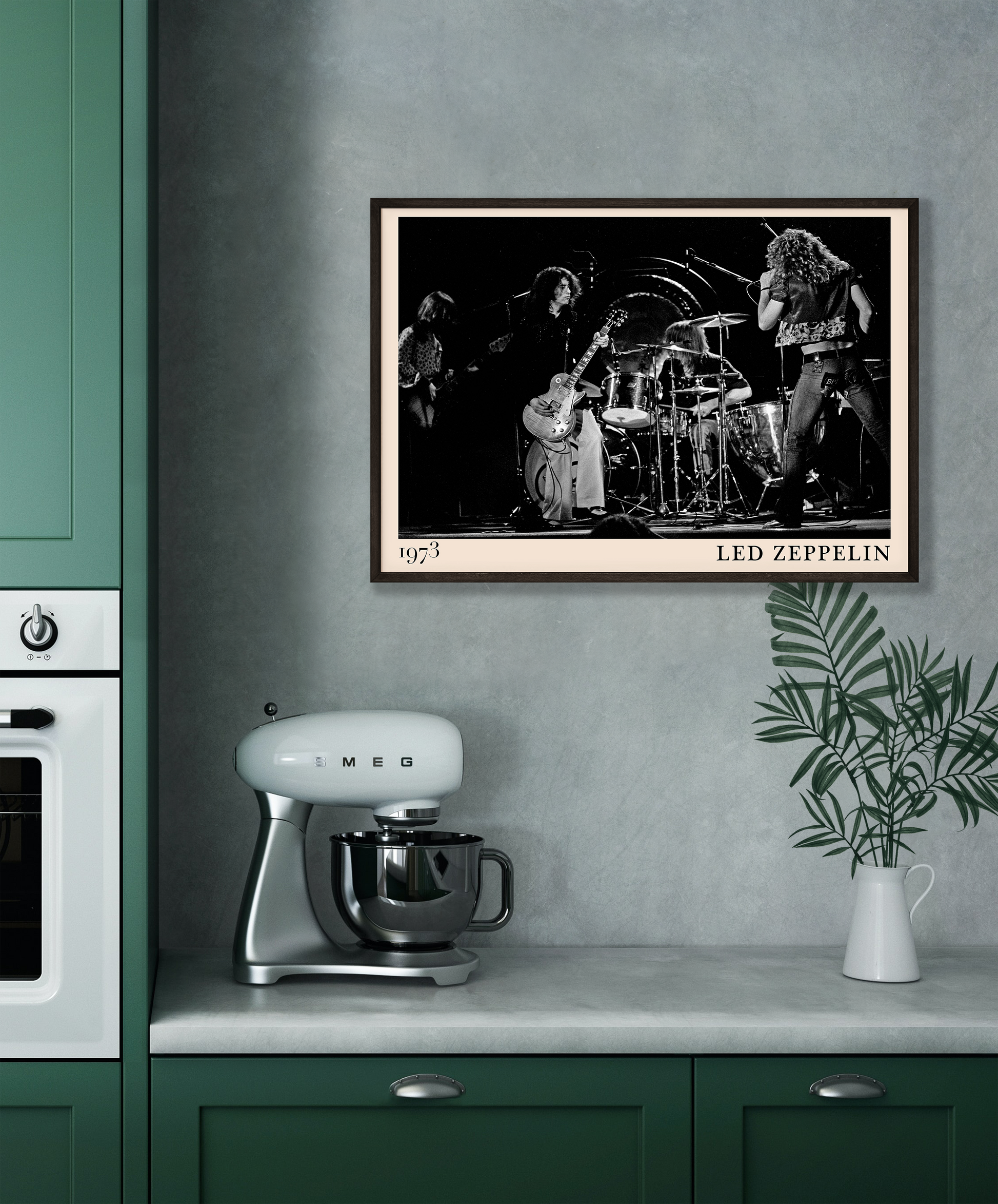 Iconic image of rock band Led Zeppelin performing, captured by Heinrich Klaffs in 1973 and transformed into vintage-inspired wall decor hanging on a grey kitchen wall