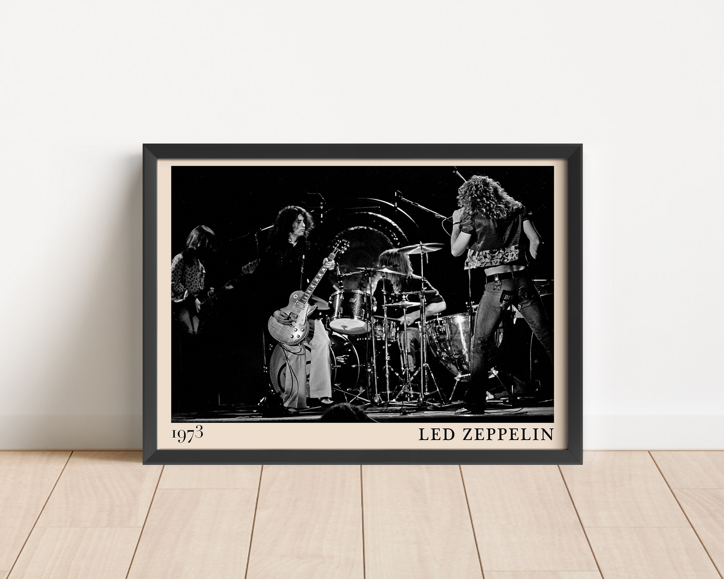Iconic image of rock band Led Zeppelin performing, captured by Heinrich Klaffs and transformed into vintage-inspired wall decor