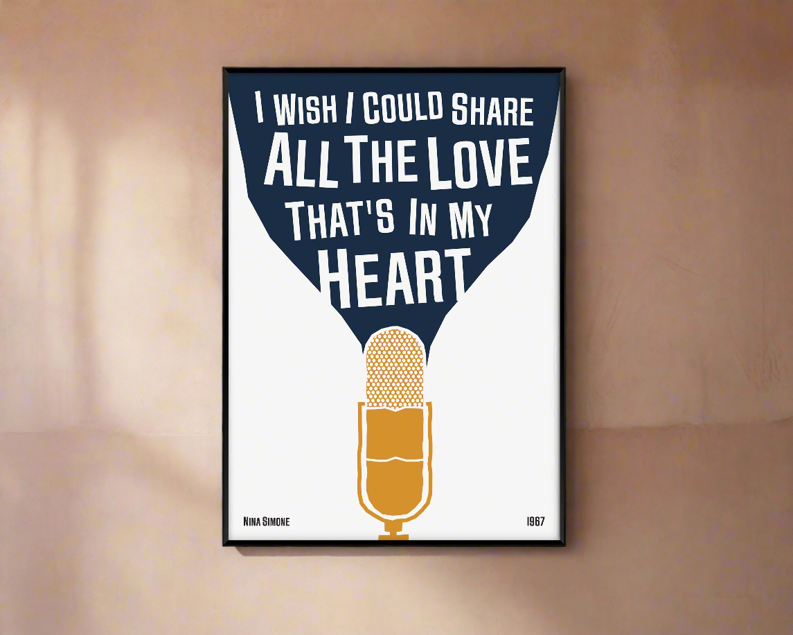 Cool jazz music poster with microphone design, featuring a Nina Simone Lyric. Retro black frame print, leaning against a white wall, perfect home decor.