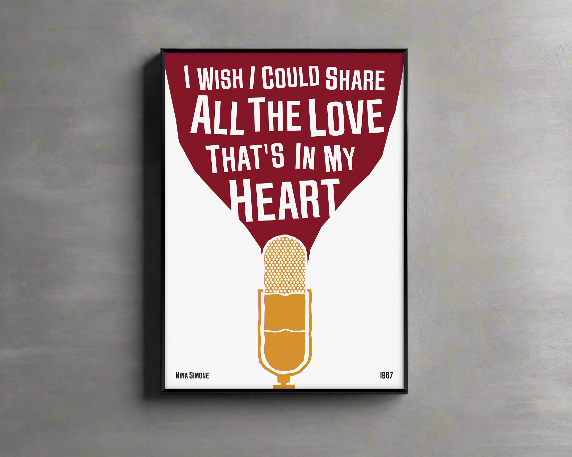 Cool jazz music poster with microphone design, featuring a Nina Simone Lyric. Retro black frame print, leaning against a white wall, perfect home decor.