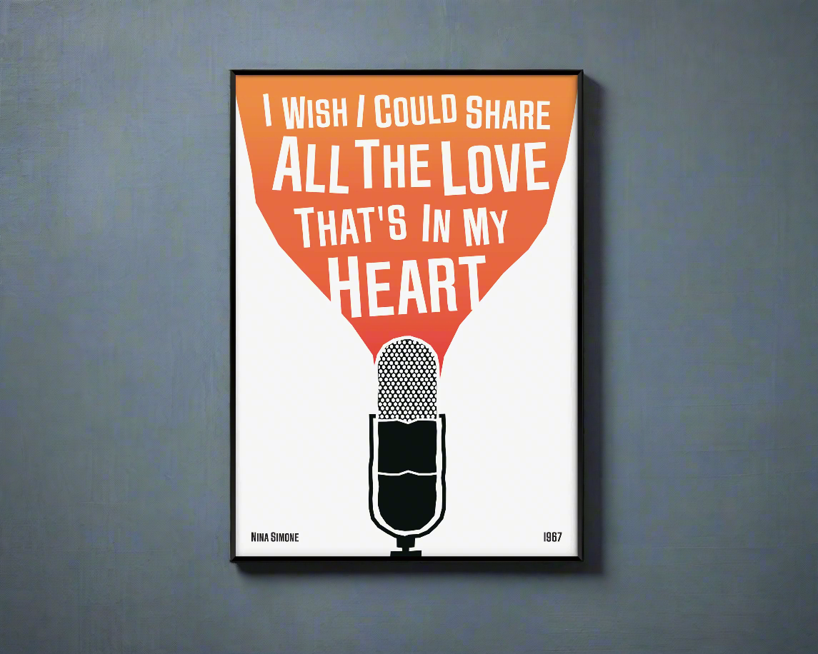 Cool jazz music poster with microphone design, featuring a Nina Simone Lyric. Retro black frame print, leaning against a white wall, perfect home decor.
