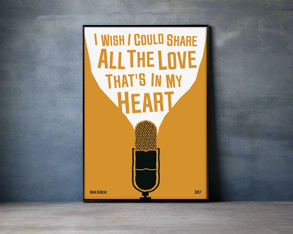 Cool jazz music poster with microphone design, featuring a Nina Simone Lyric. Retro black frame print, leaning against a white wall, perfect home decor.