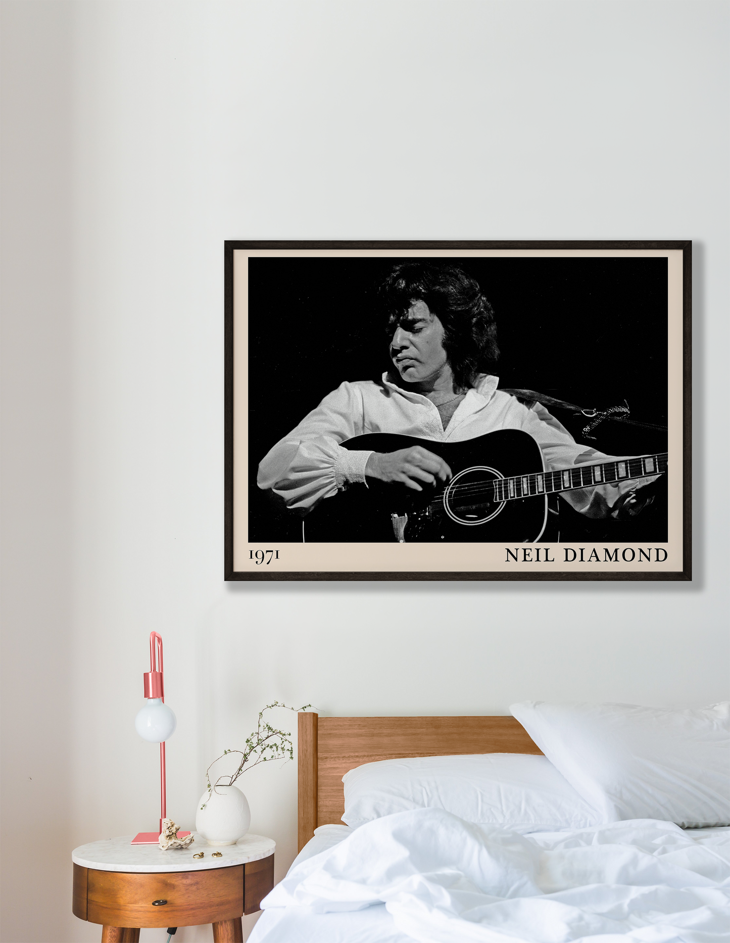 Iconic image of rock band Neil Diamond performing, captured by Heinrich Klaffs in 1971 and transformed into vintage-inspired wall decor hanging on a white bedroom wall
