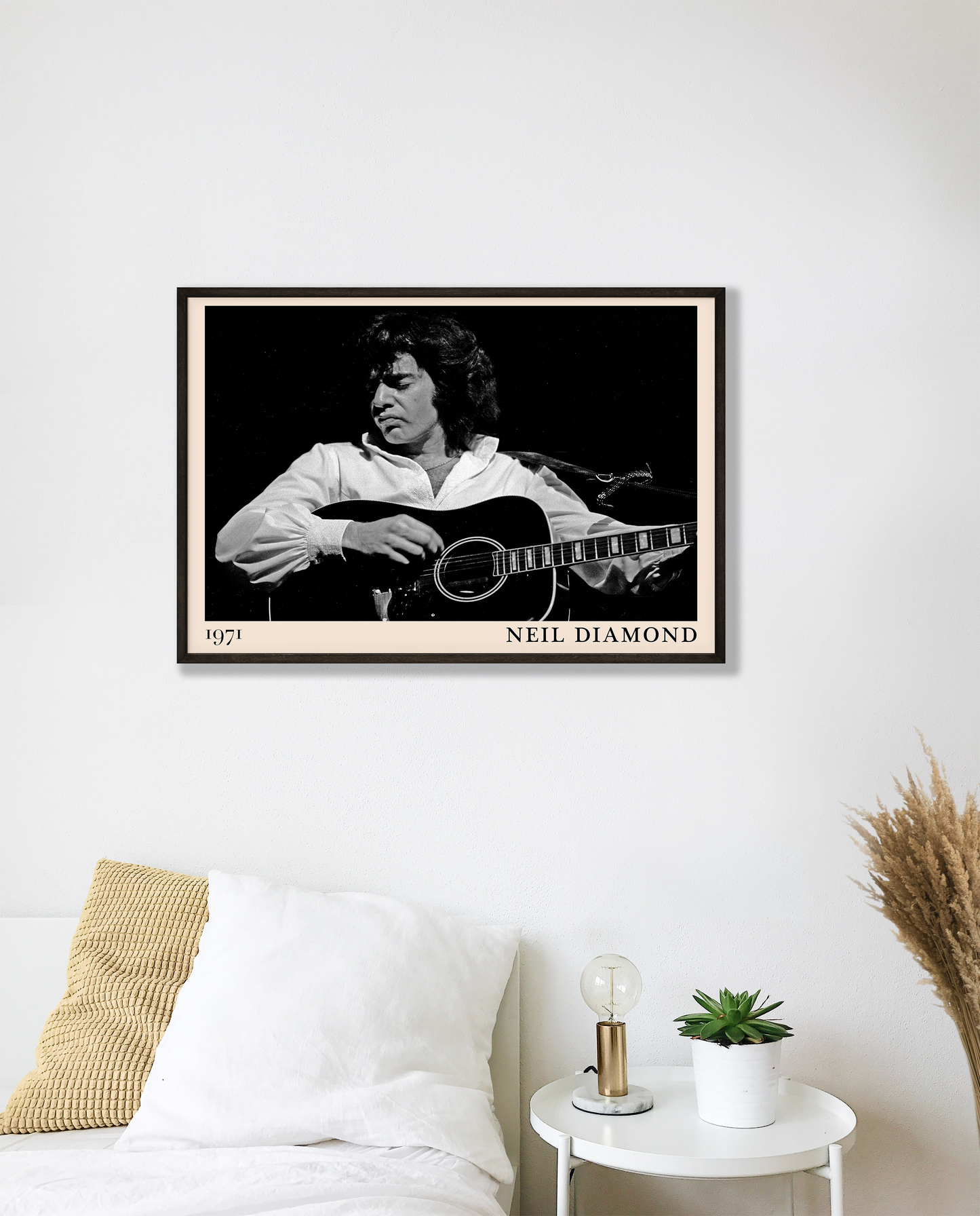 Iconic image of rock band Neil Diamond performing, captured by Heinrich Klaffs in 1971 and transformed into vintage-inspired wall decor hanging on a white bedroom wall