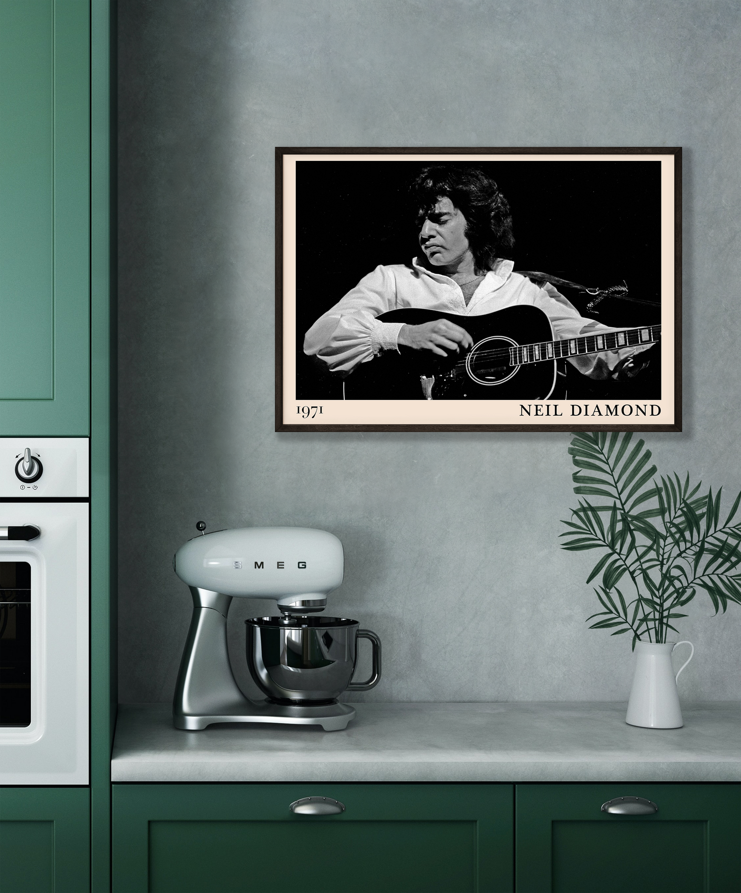 Iconic image of rock band Neil Diamond performing, captured by Heinrich Klaffs in 1971 and transformed into vintage-inspired wall decor hanging on a grey kitchen wall