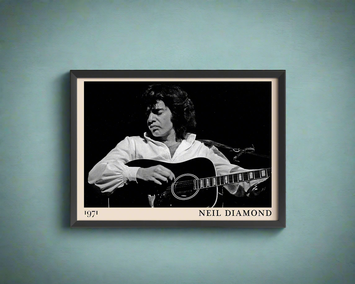 Iconic image of rock band Neil Diamond performing, captured by Heinrich Klaffs and transformed into vintage-inspired wall decor, hanging on a light blue rustic concrete wall
