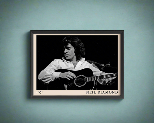 Iconic image of rock band Neil Diamond performing, captured by Heinrich Klaffs and transformed into vintage-inspired wall decor, hanging on a light blue rustic concrete wall