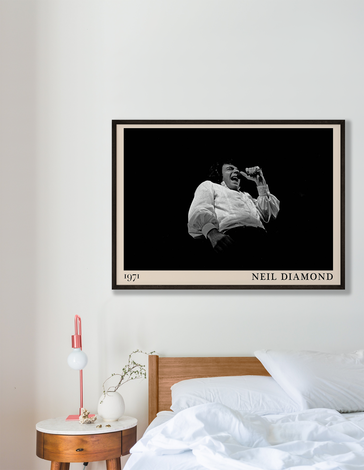 Iconic image of rock band Neil Diamond performing, captured by Heinrich Klaffs in 1971 and transformed into vintage-inspired wall decor hanging on a white bedroom wall