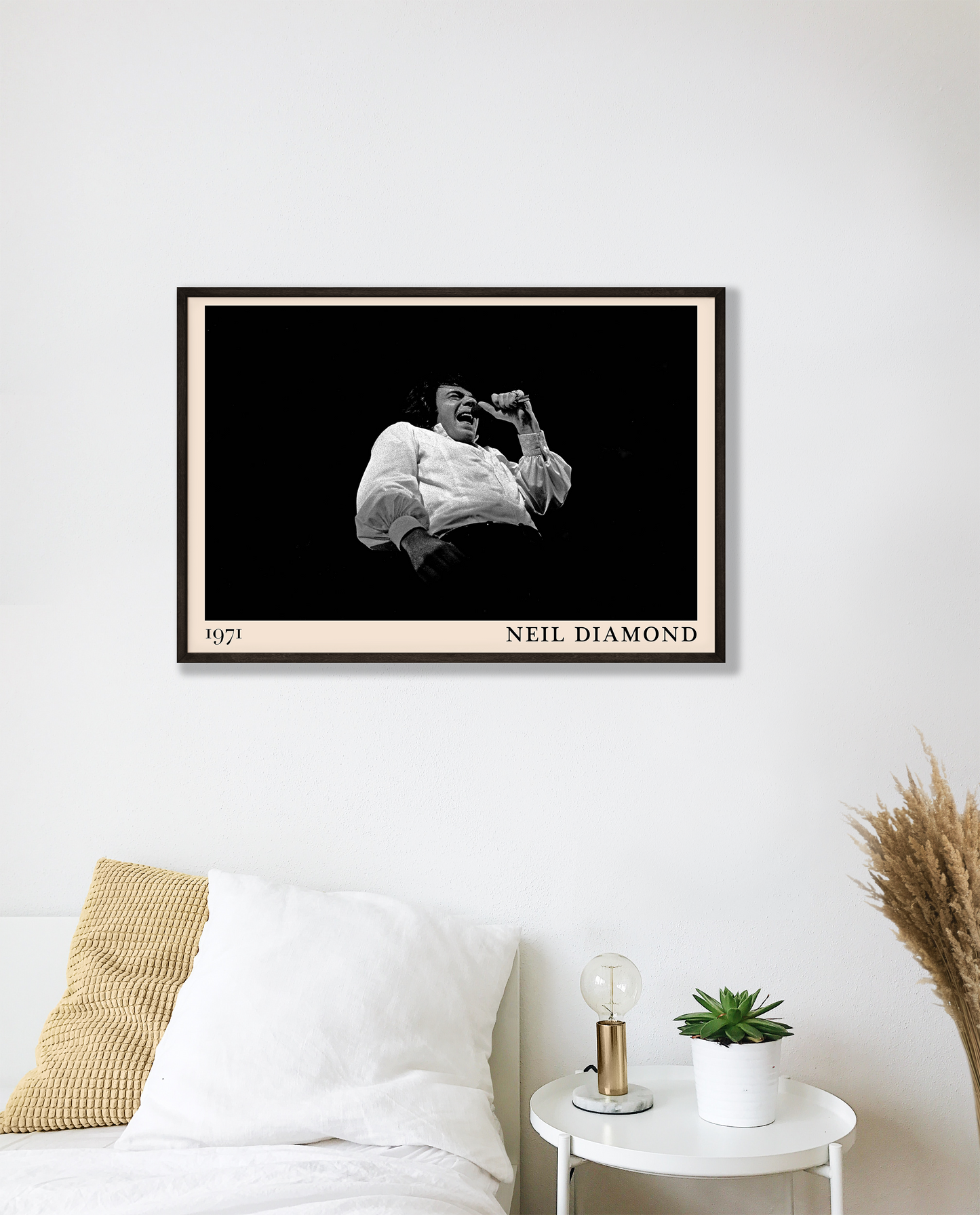 Iconic image of rock band Neil Diamond performing, captured by Heinrich Klaffs in 1971 and transformed into vintage-inspired wall decor hanging on a white bedroom wall